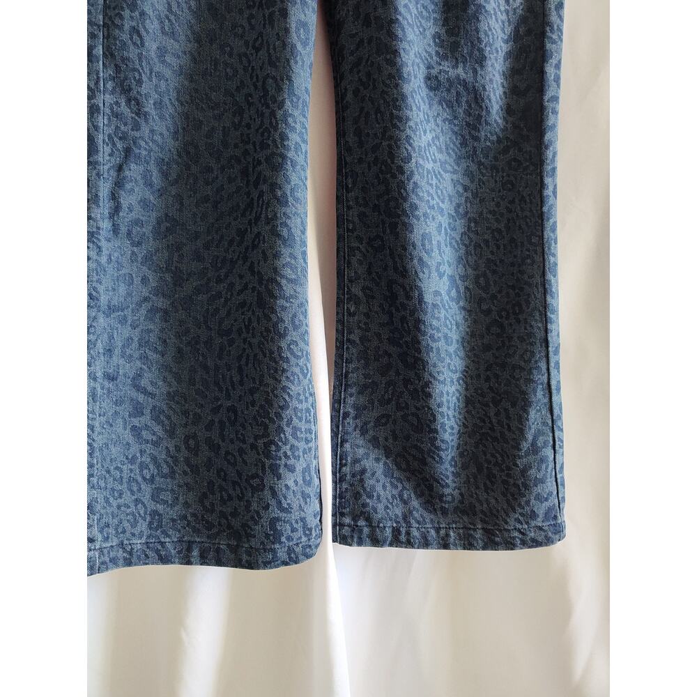 Leopard Print Patterned Blue Denim Y2K Bold High-Waisted Wide Leg Jeans L - Picture 3 of 11